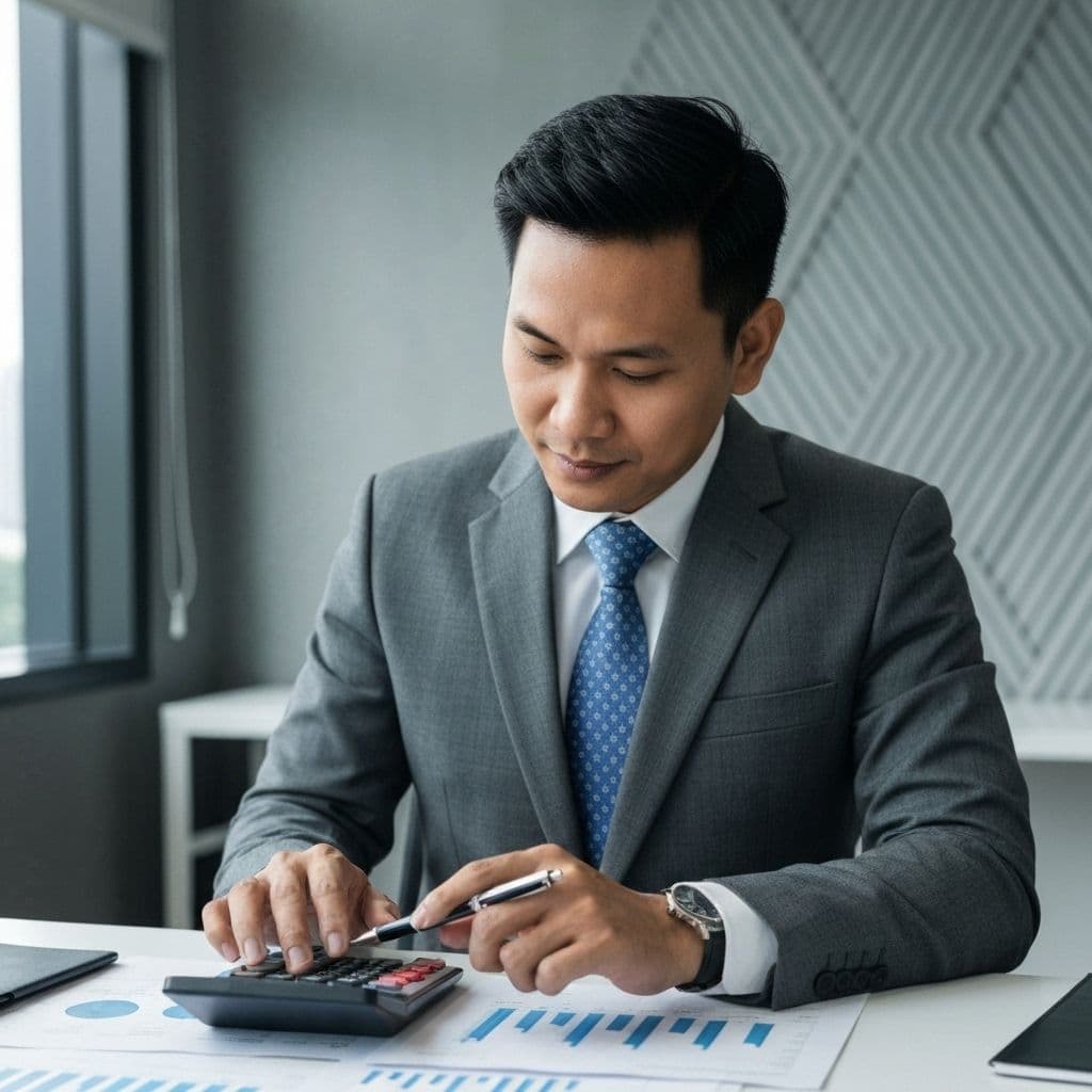 Malaysian accountant working with financial reports and documents