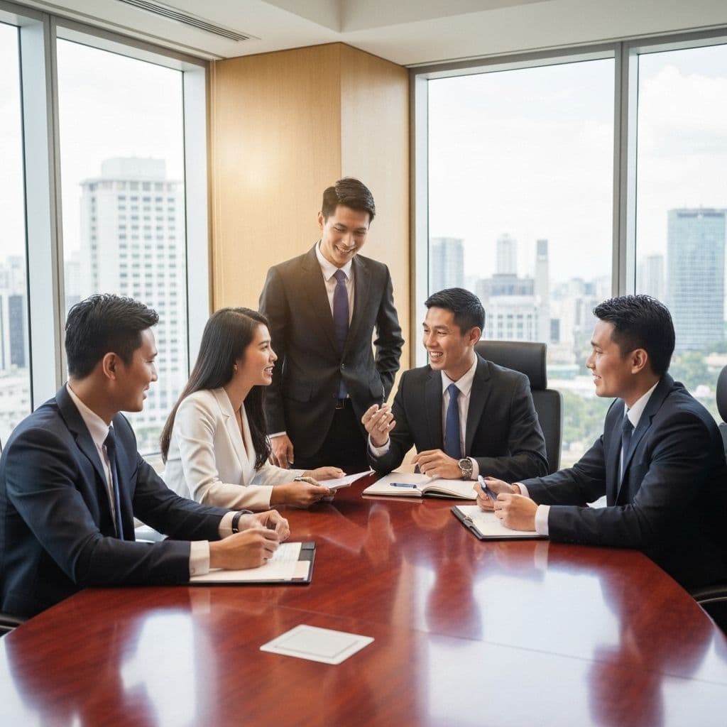 Malaysian business professionals in corporate meeting discussing company secretarial services