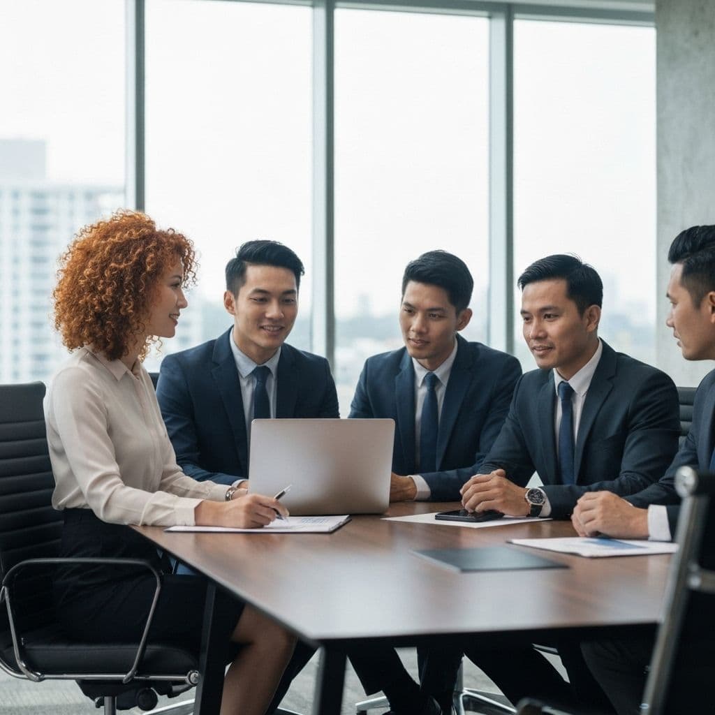 Malaysian business team discussing corporate services